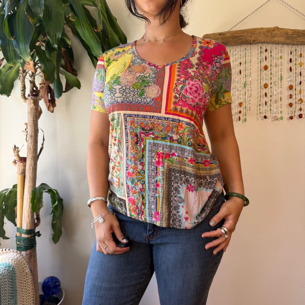 Johnny Was Bamboo Patchwork Floral V-Neck Short Sleeve Top Whimsy Multi Color